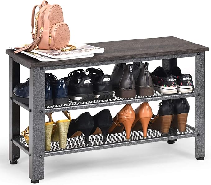 Giantex 3-Tier Shoe Bench, Industrial Shoe Rack with 2 Mesh Storage Shelves for Entryway, Hallway, Bathroom or Living Room, Shoe Organizer (Gray)