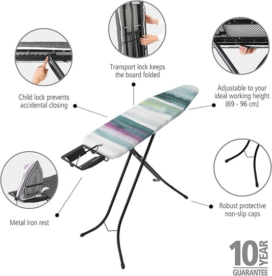 Brabantia Size A Compact Small Ironing Board (43x12 in) 7 Height Options, Adjustable Steam Iron Rest Holder (Morning Breeze) Non-Slip Feet, Anti-Collapse Child Locks-NeatNest