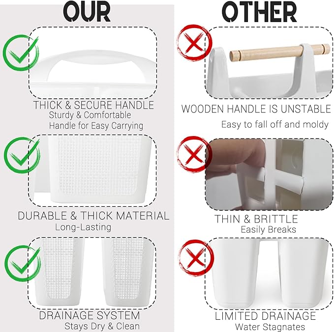 Plastic White Shower Caddy Basket, Divided Cleaning Portable Shower Basket with Handle Compartments Storage Organizer for Bathroom, College, Kitchen, Dorm Room Essentials