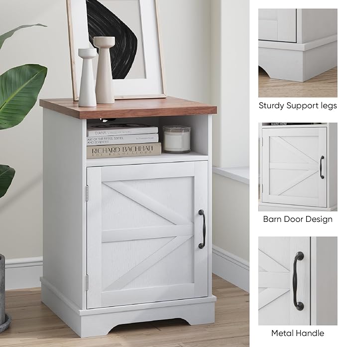 Farmhouse White Nightstand with Charging Station, Bedside Table with Storage, Rustic Side End Table with Walnut Top, Night Stands with Open Shelf for Bedroom