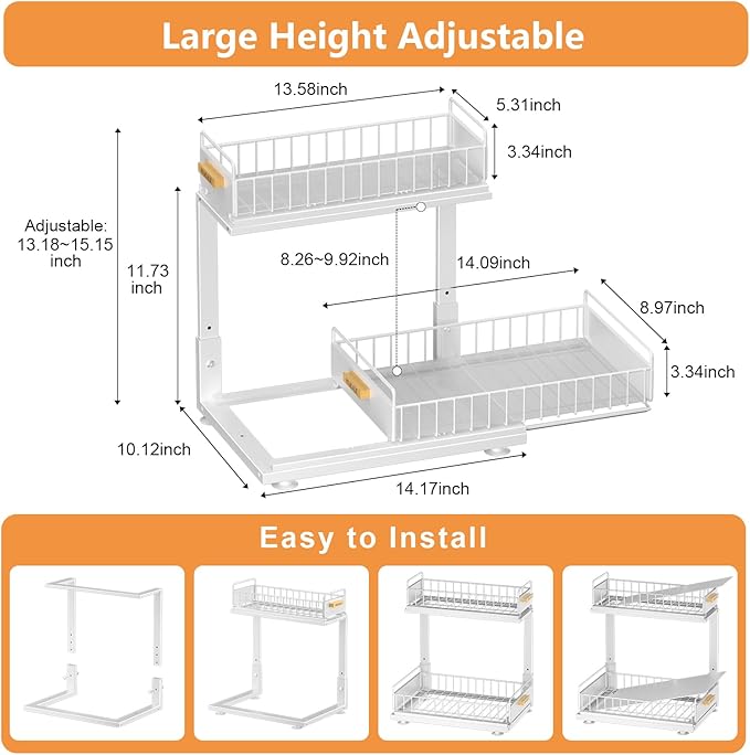 Under Sink Organizer, High Adjustable 2 Tier Under Kitchen Sink Organizer, Multi-Purpose Storage Shelf for Kitchen Bathroom Cabinet, White-NeatNest