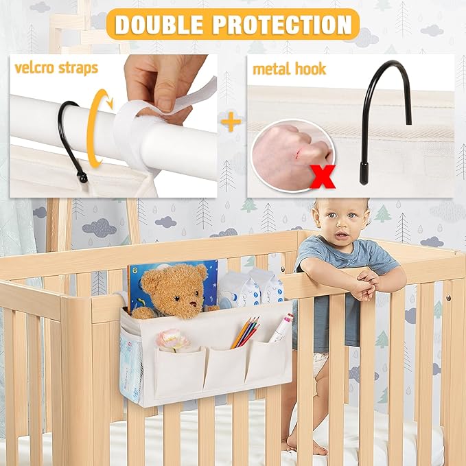 Bedside Caddy Bedside Organizer Bedside Storage Caddy with Fixed Straps and Water Bottle Holder for Home College Dorm Bunk Bed Hospital Bed Crib Bed Rails (White)-NeatNest