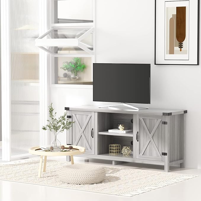 JUMMICO TV Stand, 65 Inch TV Farmhouse Entertainment Center with Double Barn Doors and Storage Cabinets, Console TV Table Media for Living Room, Bedroom (Grey)-NeatNest
