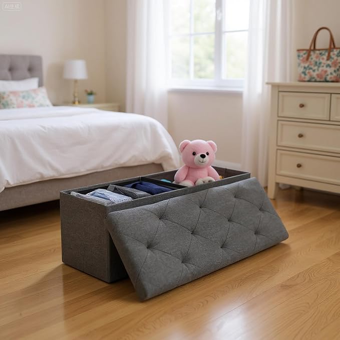DUMOS 30in Foldable Storage Ottoman Bench, Foot Rest Stool Load 350Lbs,Storage Chest with Padded Seat, End of Bed Bedroom Bench for Living Room,Elegant Gray