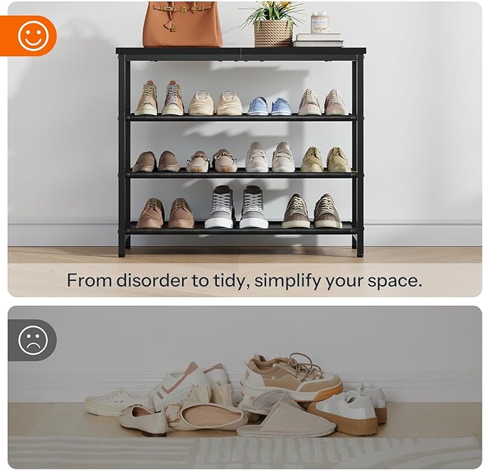 HOOBRO Shoe Rack with 3 PU Shelves, 4-Tier Shoe Storage Organizer for Closet and Entryway, Holds 9-12 Pairs of Shoes, Sturdy Metal Frame, Small Spaces, Black BB94XJ01-NeatNest