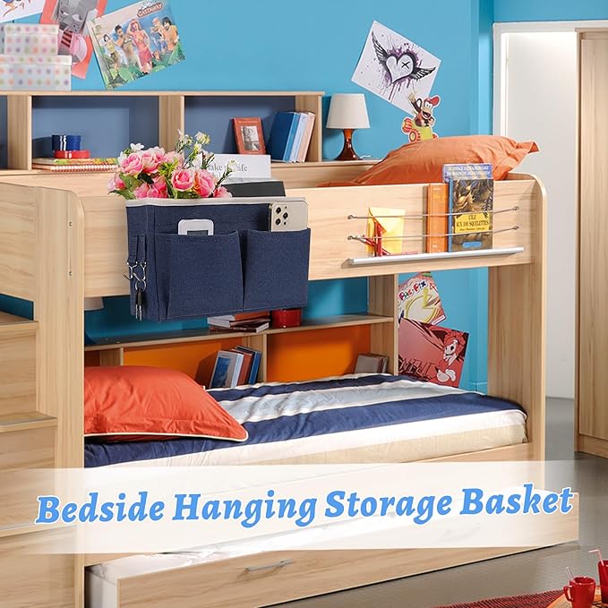 Bedside Caddy Hanging Storage with Water Bottle Holder for Bunk Bed Hospital Bed Dorm Rooms (Dark Blue)-NeatNest