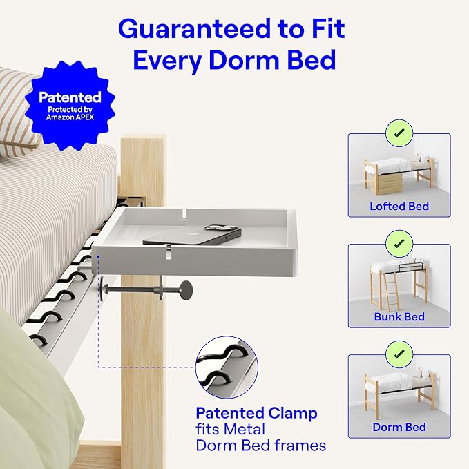 BedShelfie Bedside Shelf for Bunk Bed & Top Bunk, College Dorm Room Essentials, Loft Nightstand, Floating Bed Side Table Tray Storage, Dorm Room Decor by Smallish - (Flexfit Model, White)-NeatNest