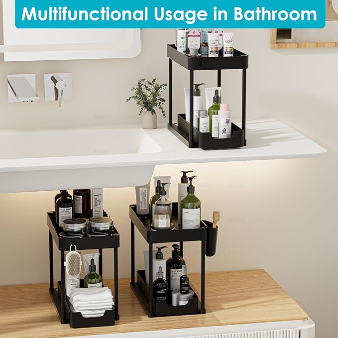 2 Pack Under Sink Organizer with Sliding Basket - 2 Tier Metal Cabinet Storage Shelf for Bathroom, Kitchen Sink - Adjustable Shelves, Space Saver,Black-NeatNest