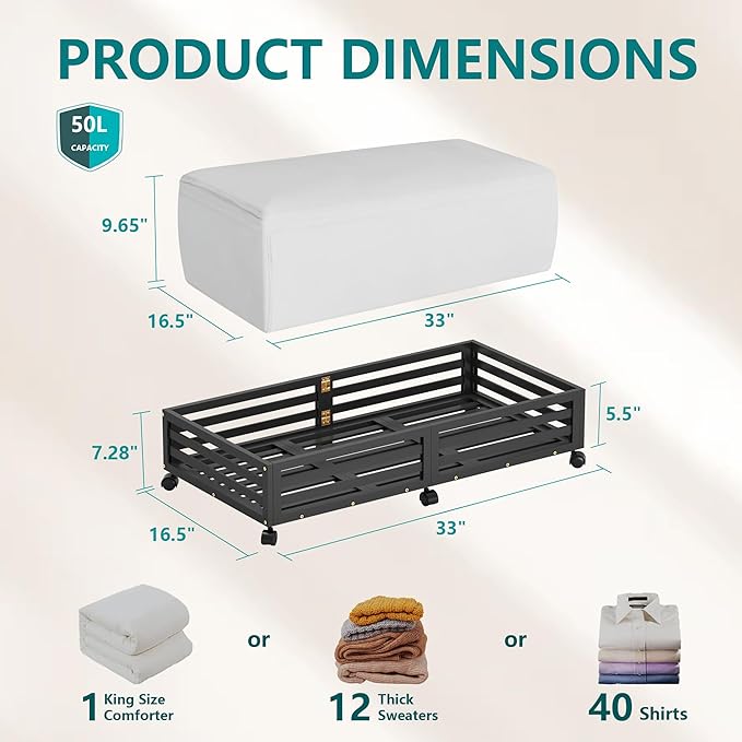 Bamboo Under Bed Storage Containers- Underbed Organizer with Wheels with Large Capacity Dust Bag,Sturdy Wood Rolling Under Bed Shoe Storage Organizer 2 Packs (Black, 2 Packs (33.07"×16.54"))-NeatNest