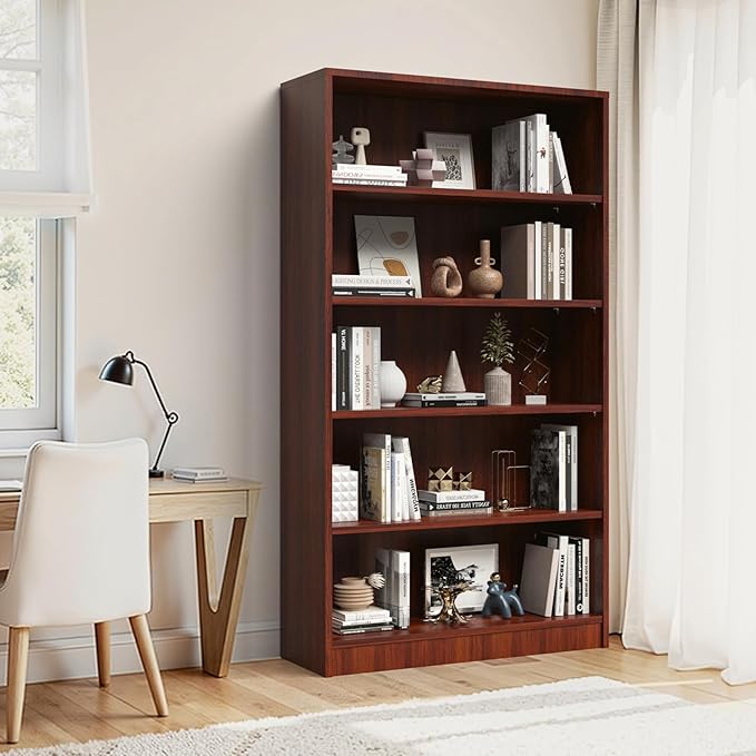 Farini 60 Inch Tall 5-Shelf Bookcase, Wood Bookshelf Storage Organizer Adjustable Shelf for Home Office, Study Room, Easy Assembly,Mahogany