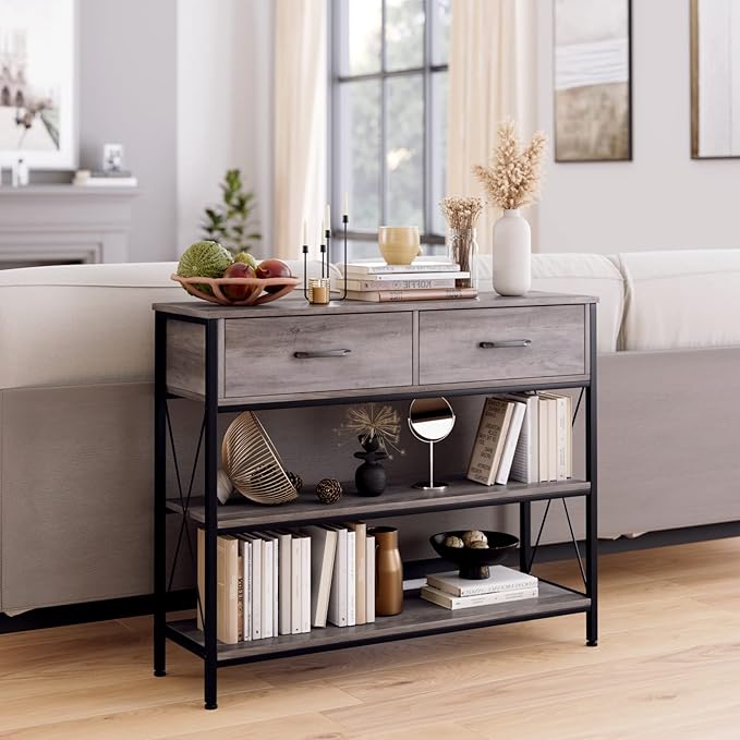 HITHOS Industrial Console Table with Drawers, Vintage Hallway Foyer Table with Storage Shelves, Narrow Long Sofa Entryway Table for Living Room, Grey-NeatNest
