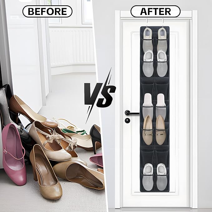Over The Door Shoe Organizer, 14 Large Mesh Pockets Hanging Shoe Rack for Closet Organizers and Storage, 2-pack (black)-NeatNest