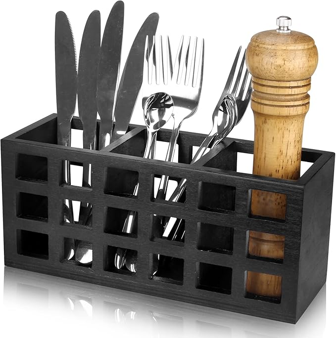 Farmhouse Wooden Silverware Utensil Caddy Cutlery Holder Utensil Holder Organizer for Kitchen Countertop Party Table Fork and Spoon Holders Storage Wood Silverware Basket Picnic Flatware Caddy-NeatNest