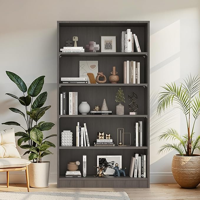 Farini 60 Inch Tall 5-Shelf Bookcase, Wood Bookshelf Storage Organizer Adjustable Shelf for Home Office, Study Room, Easy Assembly,Grey