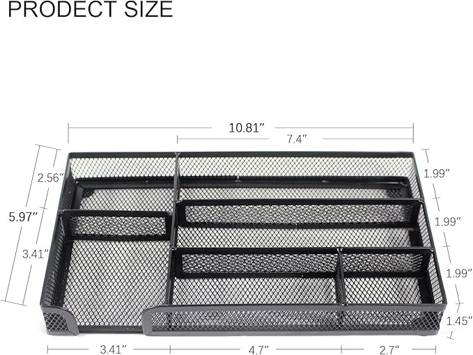 Desk Drawer Organizer Tray, Metal Mesh Drawer Office Drawer Organizer w/6 Compartment, Small Desk Organizer Tray for Home Office School Supplies, Desktop, 11X 6 X 1.45in, Black-NeatNest