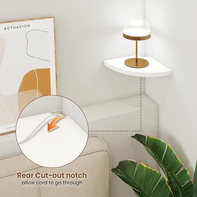 Fun Memories Corner Shelf Wall Mount, Solid Oak Wood Floating Corner Shelves with Cable Hole, 7in Rustic Design for Bedroom, Bathroom, Kitchen, Living Room (White, 1 Pack)-NeatNest