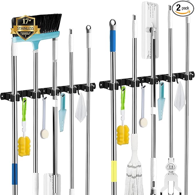 AceMining 2 Pack Black 5 Racks and 4 Hooks Mop and Broom Holder Wall Mount, Broom Organizer Storage Tool Racks Stainless Steel Heavy Duty Hooks Self Adhesive Solid Non-slip for Home Kitchen Garden-NeatNest
