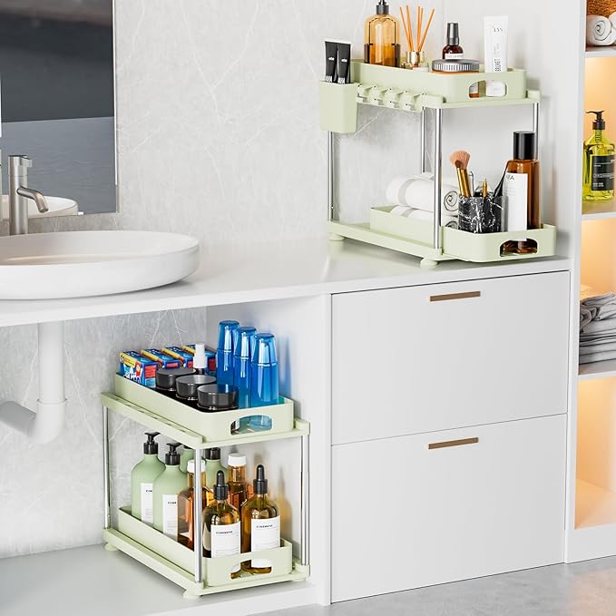 Under Sink Organizer, 2 Pack Under Kitchen Bathroom Cabinet Organizer, 2 Tier Under Bathroom Kitchen Sink Organizer, Adjustable Height Bathroom Kitchen Cabinet Organizers and Storage, Green-NeatNest