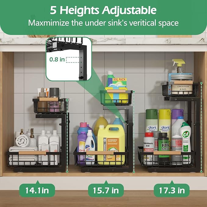 ADRIMER Under Sink Organizer 2 Packs, Pull Out Kitchen Sink Organizer, 2 Tier Slide Out Kitchen Organizers and Storage Bathroom Under Cabinet Storage Shelf, Black-NeatNest