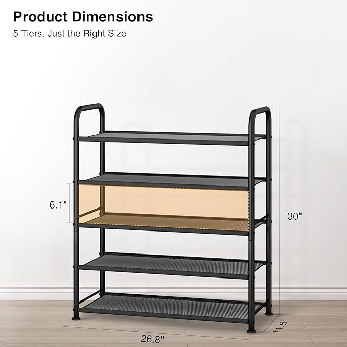 STO STO 5-Tier Shoe Rack with Sturdy Mesh Shelves, Heavy Duty Metal Shoe Organizer for Entryway, Closet, Garage, Front Door, Holds 15 Pairs, Free Standing Shoe Storage Shelf, Adjustable Feet, Black-NeatNest