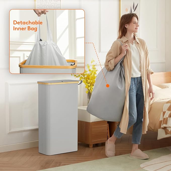 Lifewit 65L Slim Laundry Hamper with Lid, Narrow Laundry Basket with Removable Bag & Bamboo Handles, Fodable Thin Dirty Clothes Hamper for Laundry Collapsible Bin for Bathroom Bedroom Dorm,Silver Grey-NeatNest