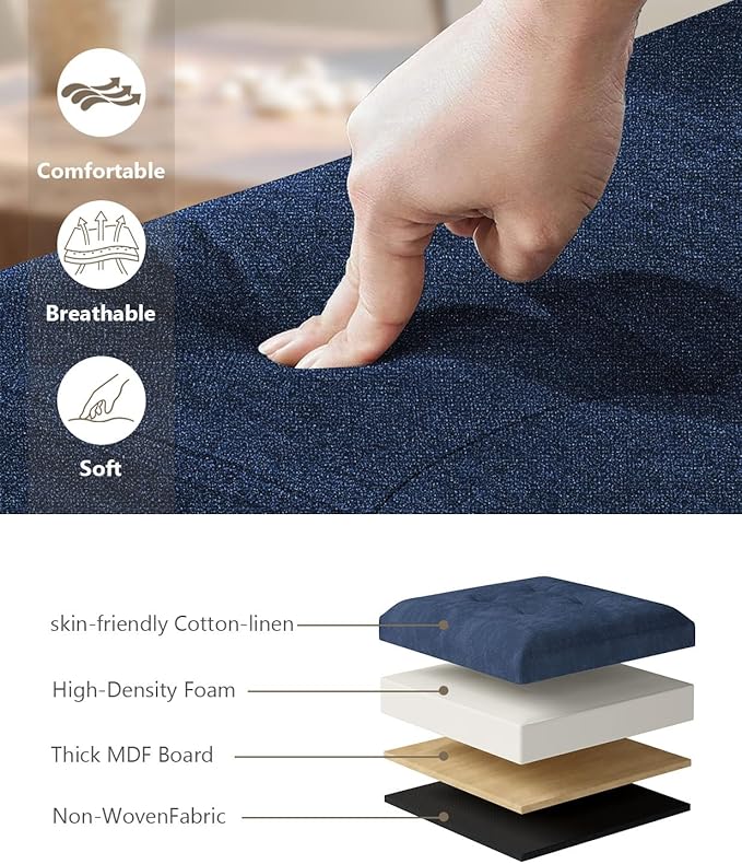 Folding Storage Ottoman Bench, Multi-Functional Ottoman Footrest, End of Bed Bench, Storage Chest for Living Room, Bedroom, Hallway, Entryway, Holds Up to 700 lbs (Navy Blue, 43 Inches)