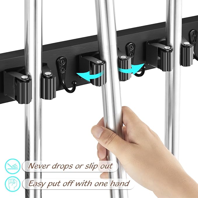 2 Pack Black Mop Broom Holder Wall Mount - Wood Broom Mop Hanger - Wall Mounted Garden Tool Rack Organizer for Closet Garage Laundry Room, 4 Slots & 4 Hooks-NeatNest