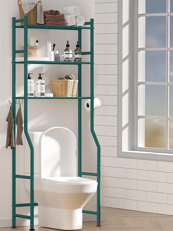3 Tier Over The Toilet Storage Rack with 2 Basket, Metal Freestanding Bathroom Shelves Toilet with Paper Holder and 4 Hooks, Over Toilet Storage Shelf for Bathroom Storage, Green-NeatNest
