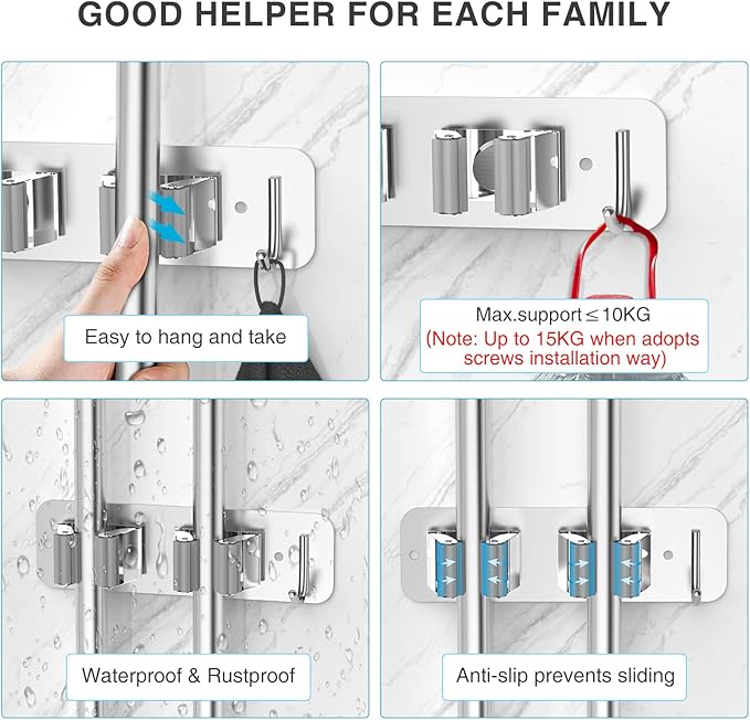 Mop Broom Holder Wall Mounted SUS304 Stainless Steel, Mop Broom Organizer with 2 Installation Methods (No Drilling&Screw Drilling Installation 2 In 1), Mop Hanger Heavy Duty with Hooks, 2PCS-NeatNest