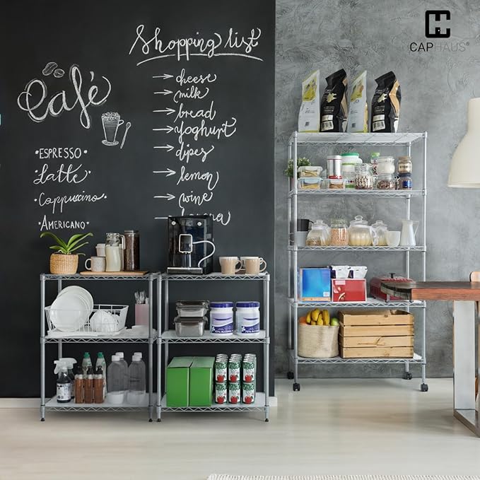 CAPHAUS NSF Wire Shelves Metal Wire Shelving Unit w/Liners, Kitchen Storage Shelving, Metal Steel Storage Shelving, Garage Shelving Storage Organizer, Utility Shelf, 4-Tier No Wheels, Black-NeatNest