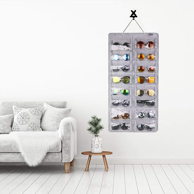 AROUY Sunglasses Organizer Storage, Hanging Dust Proof Wall Pocket Glasses Organizer - 16 Felt Slots Sunglass Organizer Holder with Metal Hook and Sturdy Rope (Gray, Dust Proof)-NeatNest