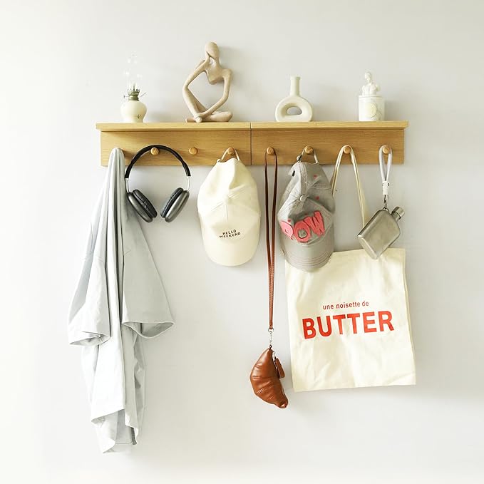 Entryway Coat Rack Hooks with Shelf, Sturdy Wooden Floating WallOrganizer Shelf with 4 Hooks siutable for Entrance, Mudroom, Kitchen, Bathroom,.etc(2pc-Oak Finish)