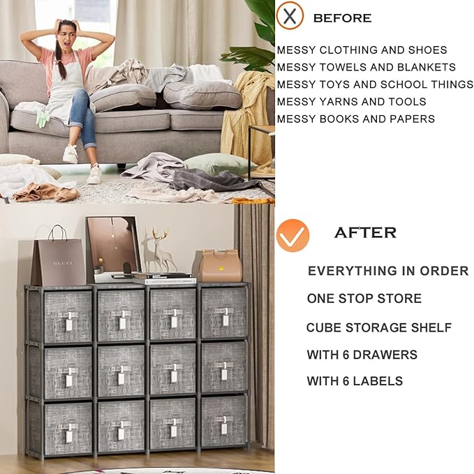 Cube Storage Organizer Shelf with 6 Printed Bins + Labels, Cubby Storage Organizer with Bins, Large Capacity Shelves for Storage,Closet, Living Room, Dorm, Yarn-NeatNest