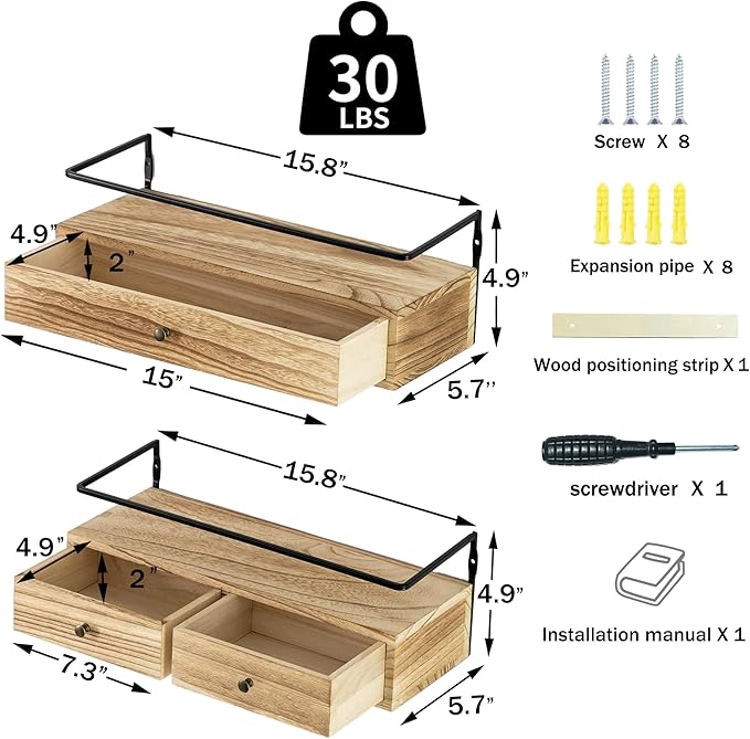 Floating Shelves for Wall Storage, Wall Mounted Bathroom Shelf with Drawers Set of 2, Rustic Wood Wall Shelves for Bedroom, Living Room, Kitchen, Home Decor, Plants, Books-NeatNest