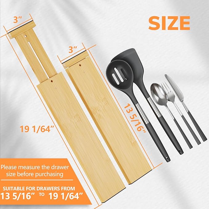 BAMEOS 4 pcs 3" High Bamboo Drawer Dividers Adjustable Drawer Organizer Expandable Drawer Organization Utensil Organizers for Kitchen Dresser Bathroom Bedroom and Office-NeatNest