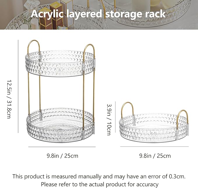 Rotating Makeup Organizer, 2-Tier Vanity Perfume and Skincare Display Shelf, Clear Cosmetic Storage Rack for Bathroom Counter or Dresser (White)