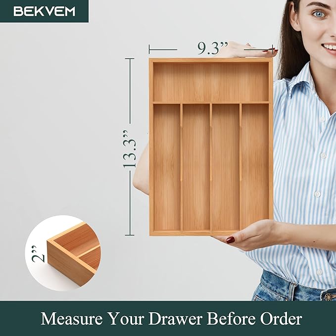 Bamboo Silverware Organizer, Kitchen Drawer Organizer, Utensil Holder, Cutlery Tray & Spoon Flatware Storage with Grooved Drawer Dividers (5 Slots, Natural)-NeatNest