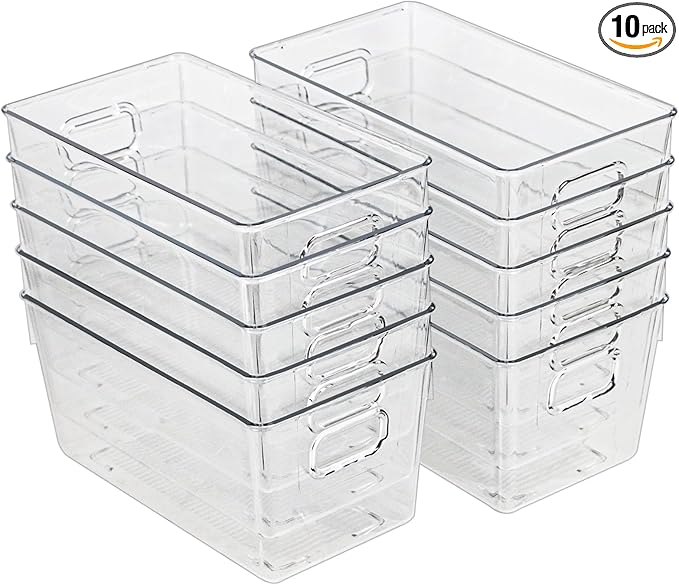 10 PACK Clear Storage Bins Clear Storage Containers for Kitchen Pantry Organization, Organizing Bins with Built in Handles, Cabinet Organizers