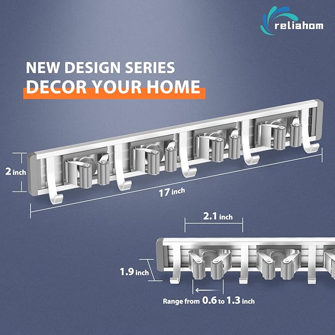 Broom Holder Wall Mount Mop and Broom Hanger Wall Mounted Garage Storage Rack Kitchen Garden Tool Organizer (4 Racks with 5 Hooks, Silver)-NeatNest