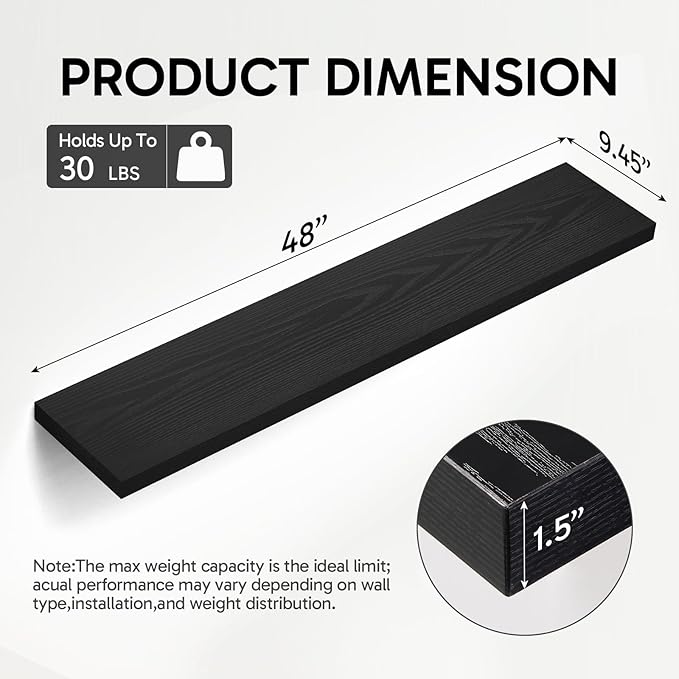 BAYKA Floating Shelves, 48 inches Long Heavy Duty Wall Mounted Rustic Wood Shelves for Bathroom, Bedroom, Living Room, Kitchen, Office, Hanging Shelf for Books/Storage/Decor(Black,Set of 2)-NeatNest