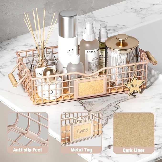 Bathroom Storage Basket with Handle, Home Decor Organizer - Bathroom Organizers and Storage - Exquisite Vanity Tray for Skincare - Counter Tray for Organizing - Pink-NeatNest