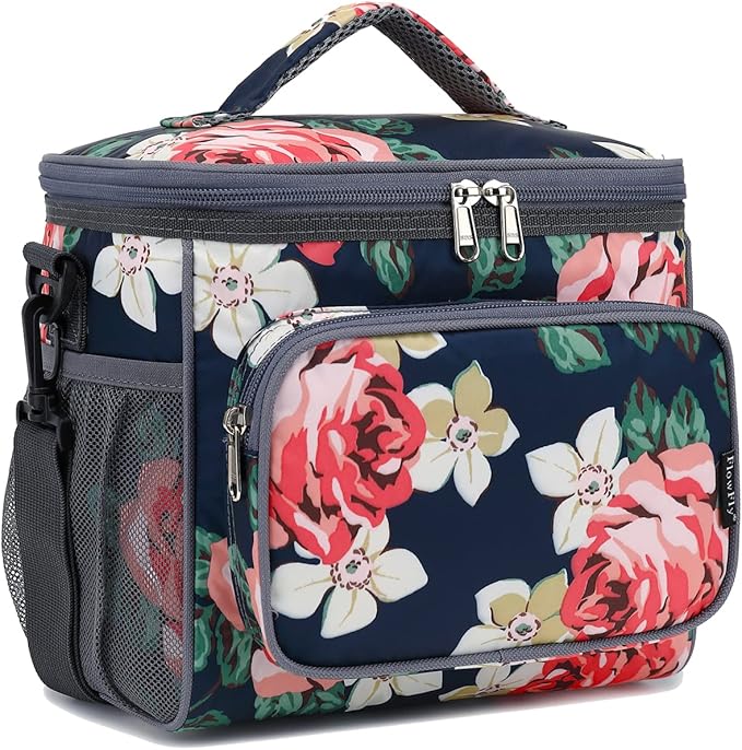 FlowFly Insulated Reusable Lunch Bag Adult Large Lunch Box for Women and Men with Adjustable Shoulder Strap,Front Zipper Pocket and Dual Large Mesh Side Pockets,Peony-NeatNest