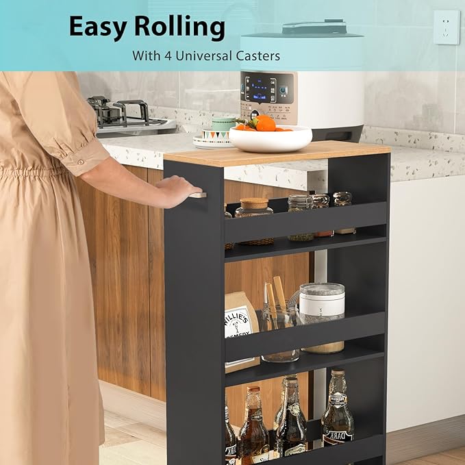 POWERSTONE 4-Tier Slim Storage Cart, Narrow Kitchen Rolling Cart w/Handle & Open Shelves, Skinny Slide Out Utility Organizer Trolley for Kitchen Bathroom Laundry Small Spaces Black & Natural