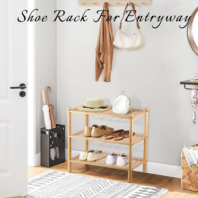 3-Tier Shoe Rack,Shoes Organizer,for Front Door Entrance, Free Standing Shelf Entryway and Closet Hallway, Small Space Stackable Bamboo Multifunctional Racks-NeatNest