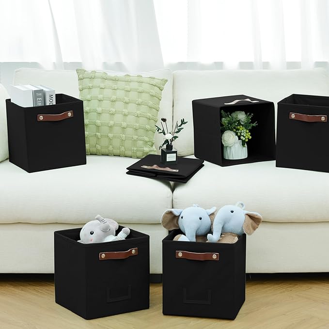6-Pack Collapsible Fabric Storage Cubes with Handles & Label Holders, Closet Cube Home Organizer Bins (Black, 10.5*10.5*11 inch)