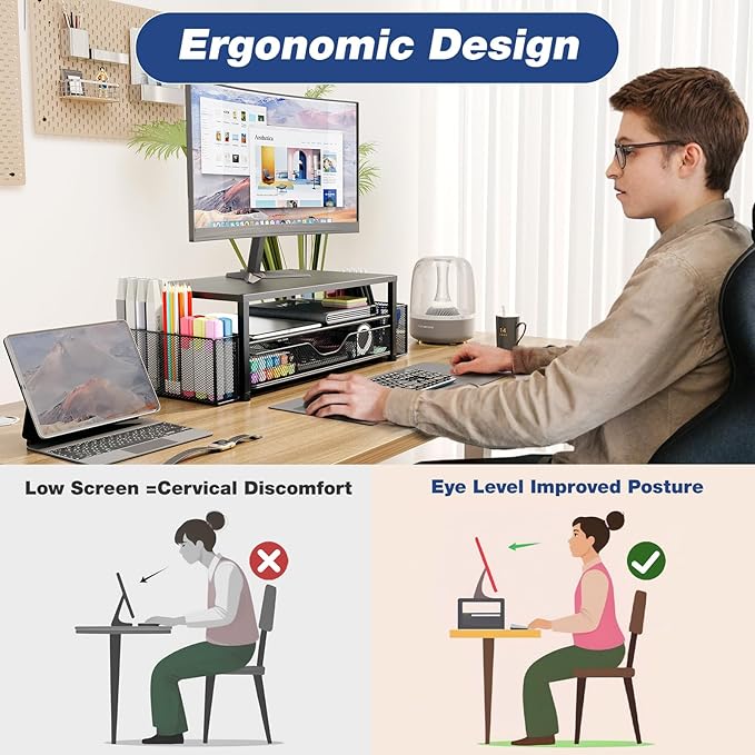 Desk Organizers and Accessories, 2-Tier Computer Monitor Stand Riser with Drawer and 2 Pen Holders, Laptop Stand, Office Desk Accessories for Office Supplies, Rose Gold
