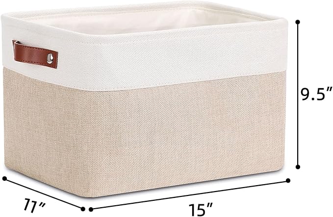 DULLEMELO Collapsible Rectangle Fabric Storage Basket for Organizing Clothes, Toys, Towels, Books, Laundry, Nursery, Dog Toys (White & Khaki)-NeatNest