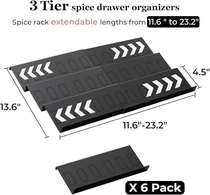 Famhap Spice Drawer Organizer, 6 Pack Drawer Seasoning Organizer Expandable from 11.6" to 23.2" Seasoning Rack Tray Insert for Kitchen Drawers, Spice Rack Tray for Drawer/Countertop (Black)-NeatNest
