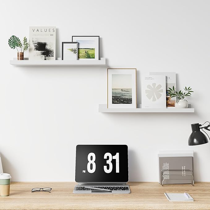 Floating Shelves for Wall, 24 inch Solid Wood Picture Ledge Shelf, Picture Shelf for Wall with Ledge, Floating Book Shelves for Living Room Bedroom Kitchen Nursery Decor, White, Set of 2-NeatNest