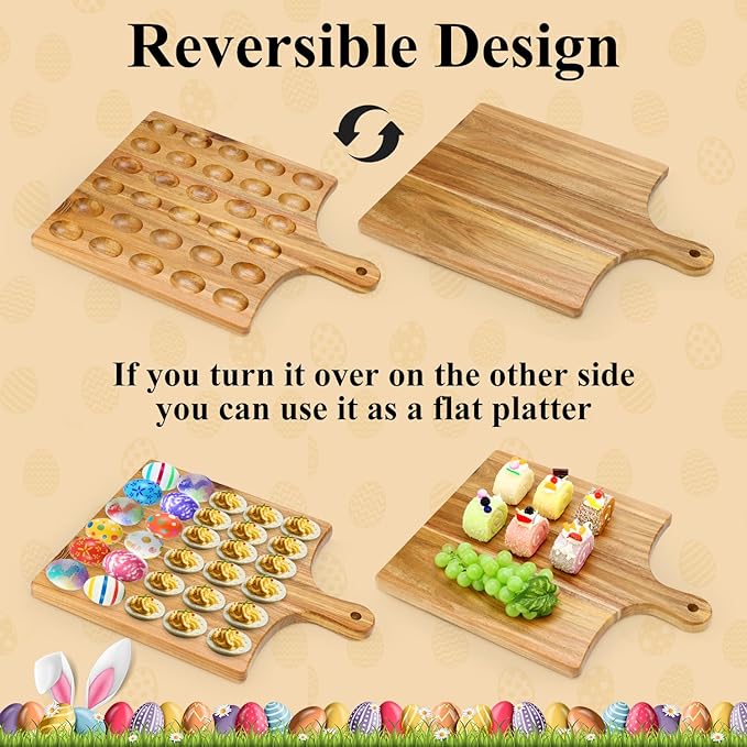 Acacia Wood Deviled Egg Platter Large 30 Holes Egg Holder for Kitchen Counter Wooden Serving Tray Easter Gift Hosting Devilled Eggs Container Charcuterie Board Carrier Cheese Plate Devil Egg Dish